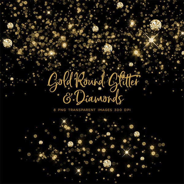 Gold Round Glitter Dust & Diamonds 01 - sparkly 8 PNG Transparent Overlays High Resolution -  Instant Download Digital Clip art