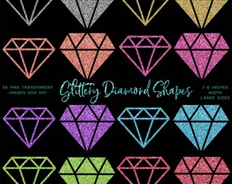 May include: Set of 36 glittery diamond shapes in various colors, including silver, gold, pink, blue, purple, green, and red. Each diamond is approximately 7-8 inches wide.  36 PNG transparent images 300 DPI.  Glittery Diamond Shapes.