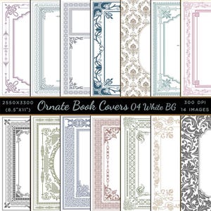 Copertine di libri ornate con dorso Vol. 4 Variazione Sfondo bianco - 28 immagini ad alta risoluzione Download immediato Clip art digitale