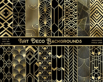 Może przedstawiać: Zestaw 16 cyfrowych wzorów papieru z geometrycznymi wzorami w kolorze złotym na czarnym tle. Wzory są inspirowane stylem Art Deco. Tekst "Art Deco Backgrounds" jest zawarty w obrazie.