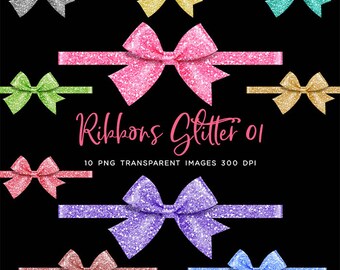 May include: Ten digital images of glitter bows in various colors, including pink, purple, blue, green, gold, and silver. The bows are on a black background and the text "Ribbons Glitter 01" and "10 PNG TRANSPARENT IMAGES 300 DPI" is below the bows.
