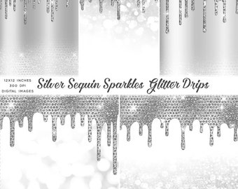 Silver Sequin Sparkles Glitter Drips - Backgrounds Images High Resolution -  Instant Download Digital Clip art
