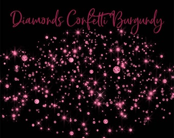 May include: Pink diamond confetti on a black background. The text "Diamonds Confetti Burgundy" is at the top of the image. There are 5 PNG transparent images, 300 DPI.