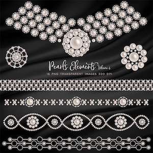 May include: An assortment of pearl elements in various designs, including necklaces, brooches, and borders. The elements are arranged on a black background. The text "Pearls Elements Volume 4" is also visible.