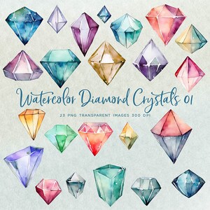Watercolor Diamond Crystals Volume 1 - Gemstones 23 Transparent PNG Overlays - Instant Download Digital Clipart