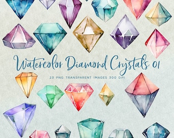 Puede incluir: Un conjunto de 23 cristales de diamante de acuarela en varios colores, incluidos azul, verde, morado, rosa y amarillo. Los cristales están pintados en un estilo realista y tienen un acabado brillante. La imagen está etiquetada como "Watercolor Diamond Crystals 01" y "23 PNG TRANSPARENT IMAGES 300 DPI".