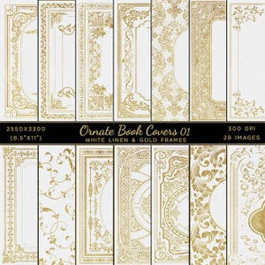 Può includere: Set di 28 modelli di copertine di libri stampabili con cornici dorate ornate su uno sfondo di lino bianco. I modelli misurano 21,6 cm per 27,9 cm e 300 DPI.