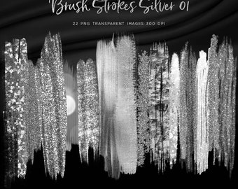 Brush Strokes Silver 01 - Silver Glitter Lights Bokeh Sequins Textures - 22 Transparent PNG Images - Instant Download Digital Clip art