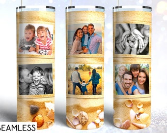 Tumbler Template Beach Sand Shells Polaroid Photo Collage PNG Sublimation 20 oz Skinny Haute Résolution Téléchargement Instantané Enveloppe Complète Numérique