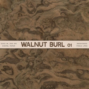 Może przedstawiać: Zbliżenie na brązowo-czarną teksturę drewna z korzenia orzecha włoskiego. Obraz jest oznaczony jako "WALNUT BURL 01" i ma rozdzielczość 3600x3600 pikseli.