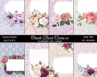 Ornate Book Covers with Spine - Flower Floral designs on Linen Vol 6 - 16 High Resolution Images  - Instant Download Digital Clip art