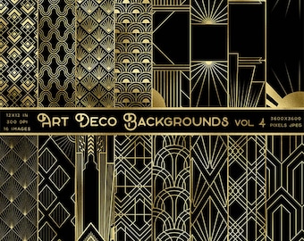 Art Deco Gold And Black Backgrounds Volume 4 - 16 Backgrounds JPGs High Resolution Images - Instant Download Digital Clip art