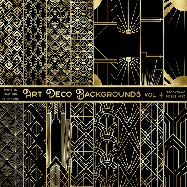 Art Deco Gold And Black Backgrounds Volume 4 - 16 Backgrounds JPGs High Resolution Images - Instant Download Digital Clip art