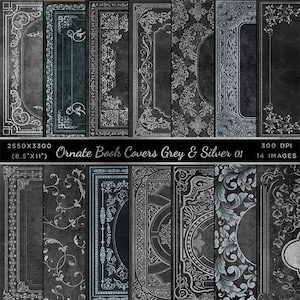 Ornate Book Covers & Spine - Greys and Silver Vol 1 - 28 High Resolution Images  - Instant Download Digital Clip art