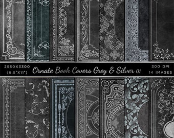 Ornate Book Covers & Spine - Greys and Silver Vol 1 - 28 High Resolution Images  - Instant Download Digital Clip art