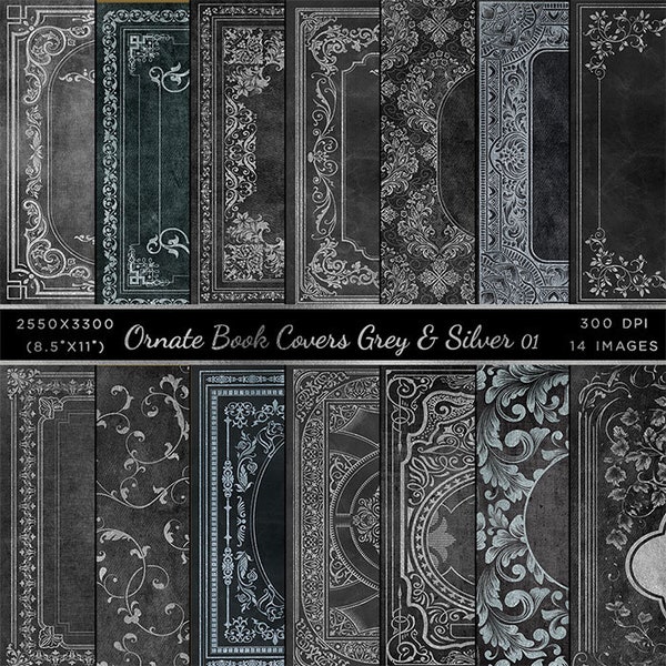 Ornate Book Covers & Spine - Greys and Silver Vol 1 - 28 High Resolution Images  - Instant Download Digital Clip art