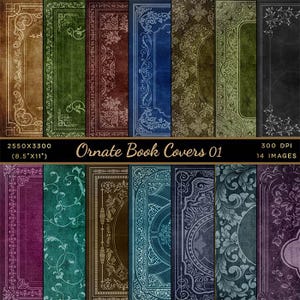 May include: A set of 14 digital paper designs featuring ornate book covers with intricate patterns and a vintage aesthetic. The covers are in various colors, including brown, green, blue, and purple.