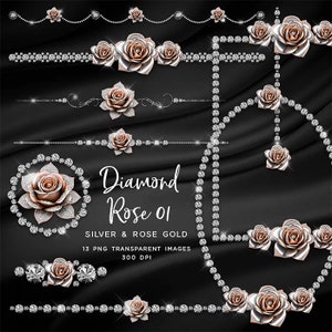 Luxury Diamond Rose 01 Silver & Rose Gold Clip Art Sparkly Bling gemstone - 13 PNG Transparent High Res -  Instant Download Digital Clip art