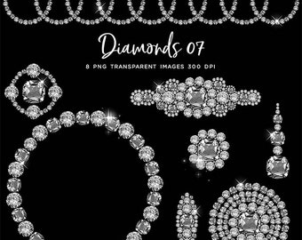 May include: A set of eight diamond-shaped images, including a circle, a square, a rectangle, and a teardrop. The images are all made of sparkling silver diamonds and are set against a black background. The text "Diamonds 07" is written in a decorative font above the images.