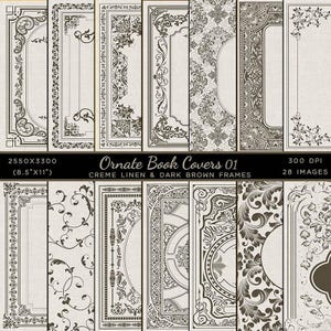 Copertine di libri ornate con dorso Vol. 1 Crema Lino e cornici marrone scuro - 28 immagini ad alta risoluzione Download immediato Clip art digitale