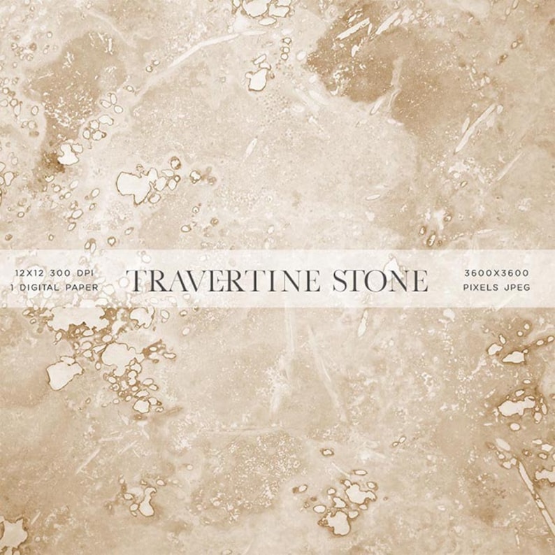 May include: A digital paper featuring a beige travertine stone texture with brown and white markings. The image is 3600 x 3600 pixels and is a JPEG file.