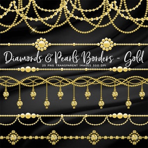 Luxury Diamonds & Pearls Borders Gold Clip Art gemstone - 25 PNG Transparent Images High Resolution -  Instant Download Digital Clipart