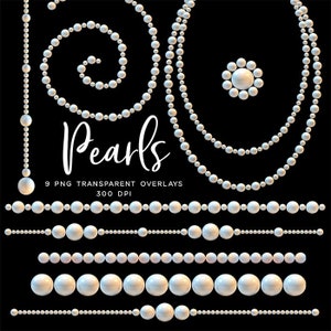Op de afbeelding: Een set van negen parel-overlays, waaronder een enkele parel, een parelketting, een parel armband en een parelstreng. De parels zijn wit en hebben een glanzende afwerking. De overlays zijn transparant en kunnen worden gebruikt om een ​​toets van elegantie toe te voegen aan elk ontwerp.