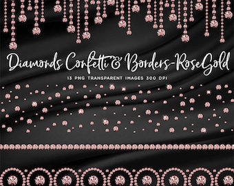 May include: A set of 13 digital images featuring rose gold diamond confetti and borders. The images are transparent PNG files with a resolution of 300 DPI.