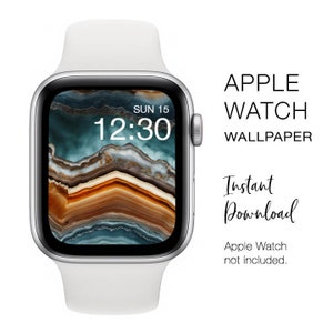 May include: A silver Apple Watch with a white band displays a digital wallpaper with a teal, brown, and white abstract design. The time is 12:30 on Sunday, June 15. Text on the right reads "Apple Watch Wallpaper" and "Instant Download."