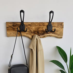 Live Edge Olive Wood Coat Rack For Hallway, Olive Wood Coat Hanger For Bathroom, Rustic Wall Mounted Coat Rack For Towels