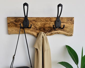 Live Edge Olive Wood Coat Rack For Hallway, Olive Wood Coat Hanger For Bathroom, Rustic Wall Mounted Coat Rack For Towels