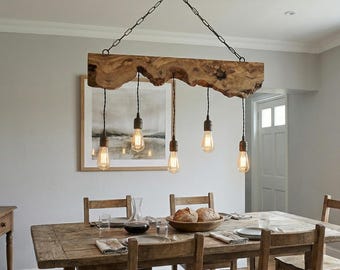 Olive Wood Chandelier For Kitchen Island, Rustic Light Fixture For Dining Table