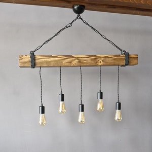 Rustic Wooden Dining Room Light Fixture, Wood Beam Farmhouse Chandelier For Kitchen Island