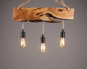 Live Edge Olive Wood Chandelier, Rustic Farmhouse Kitchen Island Light Fixture