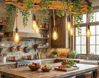 Live Edge Olive Wood Light Fixture For Kitchen Island, Rustic Unique PChandelier For Dining Table, Farmhouse Ceiling Light For Plant
