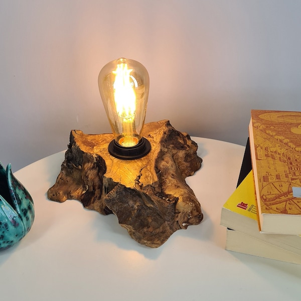 Live Edge Olive Wood Table Lamps, Wooden Burl Desktop Lamps, Curl Wood Rustic Bedside Lamps, Unique Gift For Her/Him