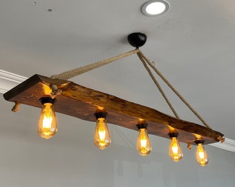 Farmhouse Wooden Live Edge Chandelier, Rustic Lighting Fixture for Vintage Kitchen Island and Dining Room