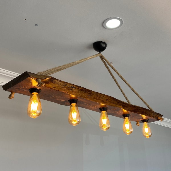 Farmhouse Wooden Live Edge Chandelier, Rustic Lighting Fixture for Vintage Kitchen Island and Dining Room