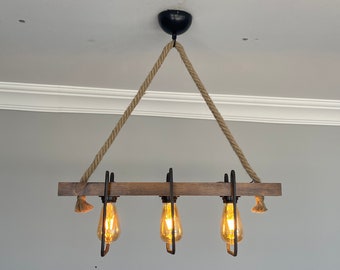 Farmhouse  Wooden Pendant Chandelier, Rustic  Lighting Fixture  For Vintage Kitchen Island