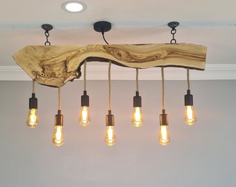 Live Edge Olivenholz Anhänger Kronleuchter für Esszimmer, rustikale Leuchte für Kücheninsel, Bauernhaus Deckenleuchte aus Holz