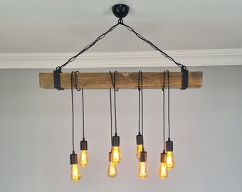 Farmhouse Wooden Cabin Chandelier, Rustic Wood Light Fixture For Dining Table and Kitchen Island, Billiard