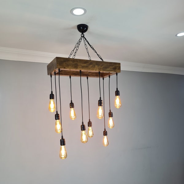 Wooden Farmhouse  Pendant Chandelier , Rustic Lighting For Dining Room and Vintage Kitchen Island