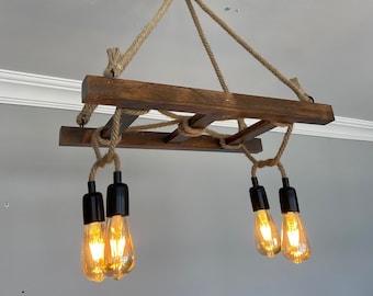Rustic Wooden Ladder Light Fixture, Farmhouse Chandelier For  Vintage Kitchen and Island
