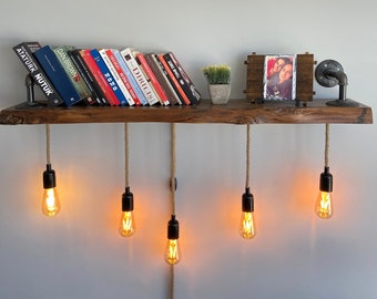 Live Edge Rustic Wooden Bookshelf with Rustic Lighting