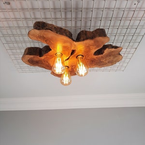 Könnte beinhalten: Eine Deckenleuchte aus Holz mit einer natürlichen Holzoptik und drei Glühbirnen. Die Leuchte ist in Form eines Astes gestaltet und hat einen rustikalen Look.