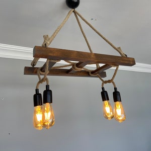 Wooden Ladder Pendant Chandelier, Rustic Farmhouse Lighting  For  Vintage Kitchen and Island