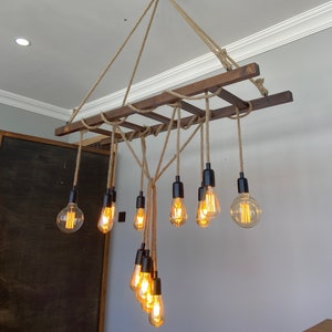 Wooden Ladder Pendant Chandelier, Rustic Farmhouse Lighting  For  Dining Table , Rustic Kitchen Billiard Bar Lighting