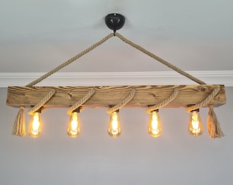 Wooden Beam Light Fixture, Rustic Farmhouse Wood Chandelier, Rope Ceiling For Dining Room and Vintage Kitchen Island