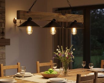 Rustic Wooden Light Fixture For Dining Table, Farmhouse Chandelier For Kitchen Island, Wood Ceiling Lamp For Billiards