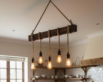 Rustic Farmhouse Chandelier For Dining Table, Wooden Rustic Light Fixture For Kitchen Island,  Pendant Ceiling Light For Dining Room,Bar
